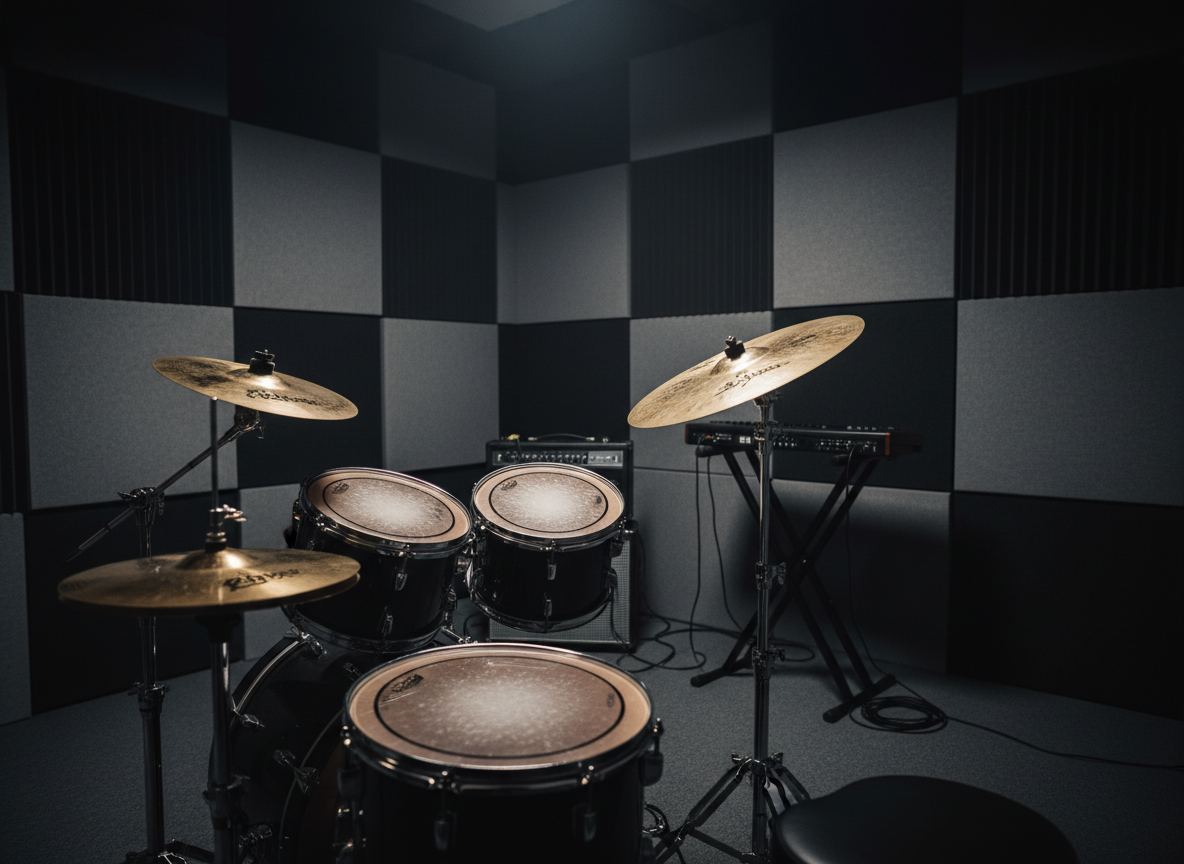 Una sala de ensayo insonorizada de estética cinematográfica, con una batería negra brillante en primer plano, sus platillos dorados mostrando reflejos puntuales de luz. A un lado, un amplificador de guitarra y un teclado sobre un soporte metálico mate, todos conectados con cables negros perfectamente organizados. Las paredes, cubiertas de paneles acústicos grises y negros, forman patrones geométricos que añaden carácter. La iluminación es baja, con haces dirigidos desde el techo creando charcos de luz sobre los instrumentos y sombras profundas en las esquinas. La cámara se sitúa en un ángulo ligeramente bajo, capturando la sala en perspectiva hacia el fondo. El ambiente se siente íntimo, concentrado y listo para ensayos intensos y sesiones creativas sin interrupciones.