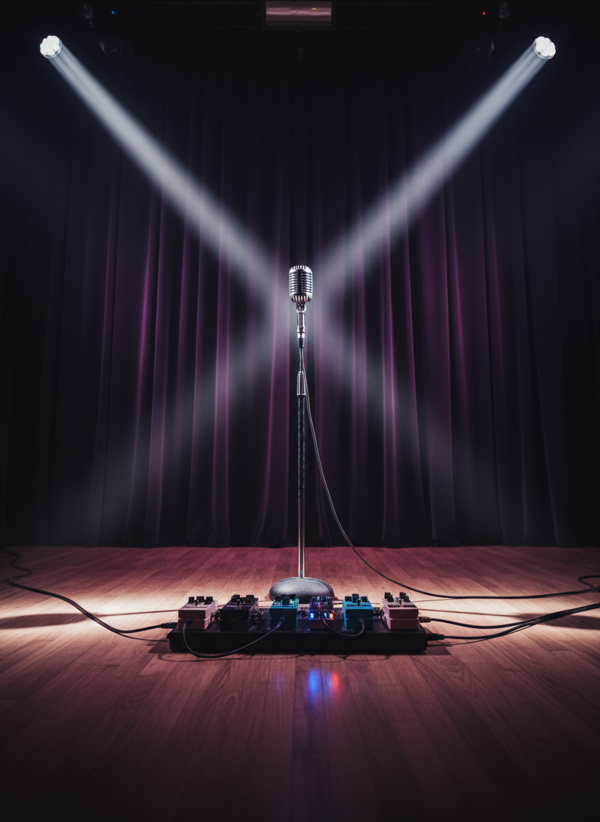 Un escenario pequeño y elegante preparado para performances sin artistas, con un micrófono de pie solitario al centro, cables negros perfectamente tendidos y una colección de pedales de efectos iluminados por diminutos LEDs de colores. Al fondo, un telón oscuro de tela pesada forma pliegues profundos, y focos móviles lanzan haces de luz blanca y violeta que cortan el humo sutil en el aire. La cámara se sitúa a ras del suelo, mirando hacia arriba, creando una sensación épica a pesar del espacio íntimo. La iluminación cinematográfica produce reflejos dramáticos en el micrófono y los metales del equipo. El ambiente sugiere un show a punto de comenzar, ideal para comunicar servicios de eventos corporativos, lanzamientos y conciertos privados.