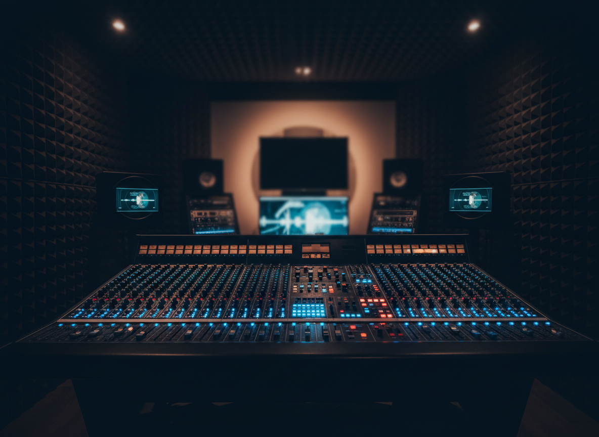 Un estudio de producción musical oscuro y elegante, dominado por una consola de mezcla profesional de superficie metálica negra con luces LED azules y rojas que parpadean sobre sus faders y perillas. A su alrededor, paneles acústicos de espuma negra con textura geométrica cubren las paredes, y monitores de estudio brillan con sutiles reflejos. La escena está iluminada por una luz cinematográfica tenue, con un resplandor lateral frío que resalta los bordes y un suave halo cálido desde el fondo, creando contrastes dramáticos. Composición en plano amplio a nivel de mesa, con profundidad de campo media que deja el fondo ligeramente desenfocado. El ambiente es envolvente, profesional y misterioso, ideal para representar una productora de música y comunicaciones de alto nivel.