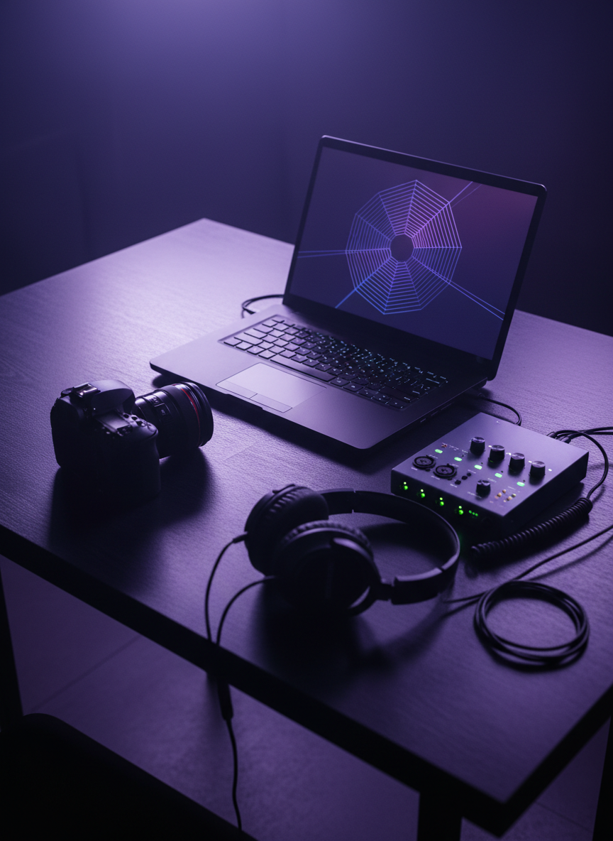 Una mesa de producción audiovisual para eventos y matrimonios, vista desde un ángulo cenital ligeramente inclinado, repleta de equipos organizados con precisión: una laptop oscura con forma abstracta en la pantalla, una interfaz de audio compacta con luces LED verdes, auriculares cerrados de diadema acolchada y una cámara fotográfica negra con lente grande apoyada a un lado. El fondo es una superficie de madera oscura casi negra, iluminada por un resplandor tenue violeta y azul que sugiere una atmósfera nocturna de evento. Luces puntuales crean reflejos dramáticos sobre el metal y el plástico de los dispositivos. El estilo es realista y cinematográfico, con sombras profundas y composición en regla de tercios, transmitiendo planificación profesional de comunicaciones, marketing y producción integral para shows y celebraciones.
