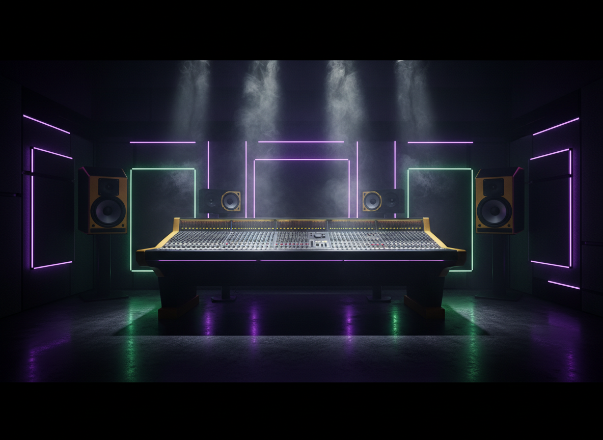 Estudio de música nocturno con consola iluminada en neón morado y verde