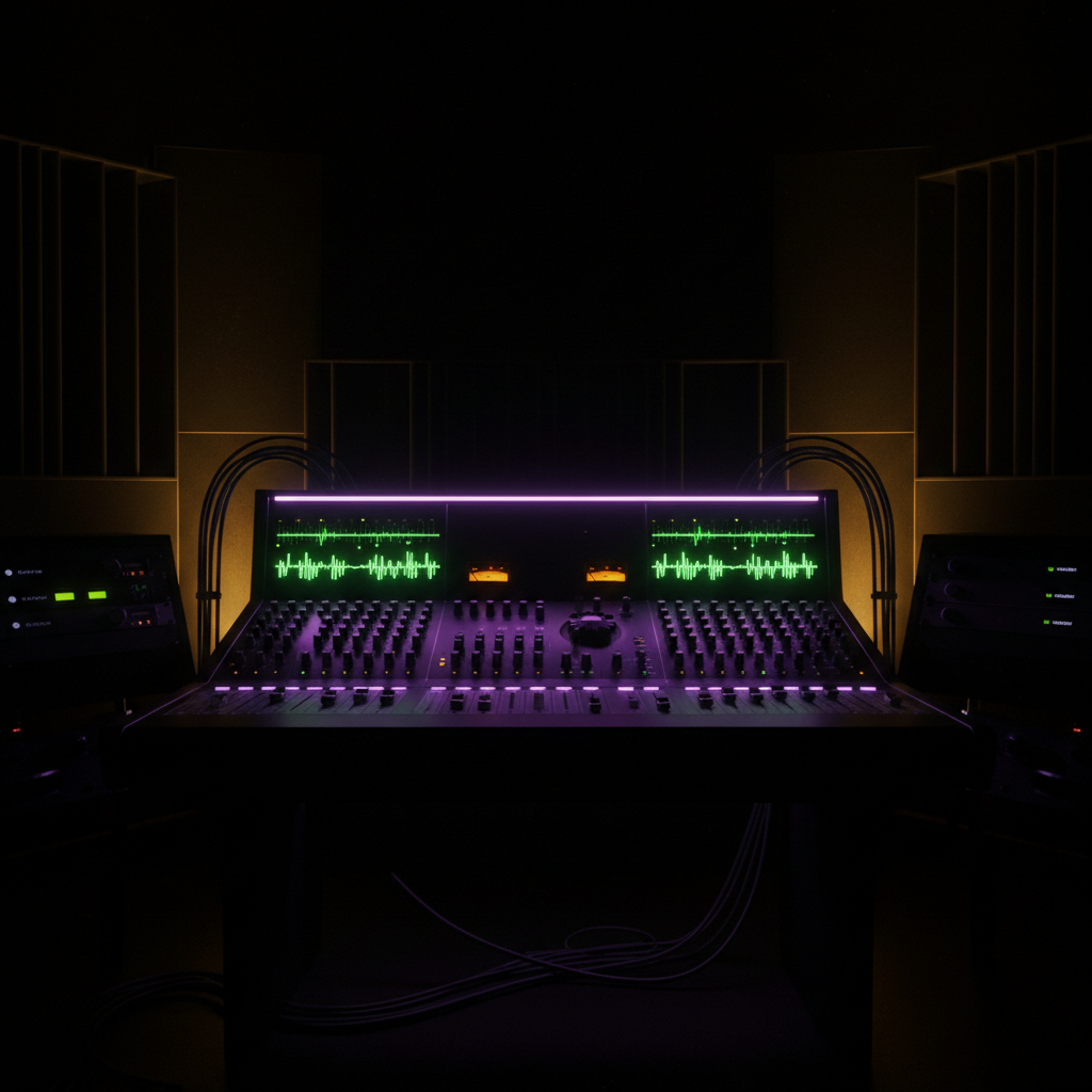 Consola de producción musical con luces neón morado y verde
