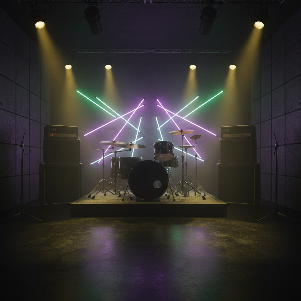 Sala de ensayo profesional con iluminación dramática morada y verde